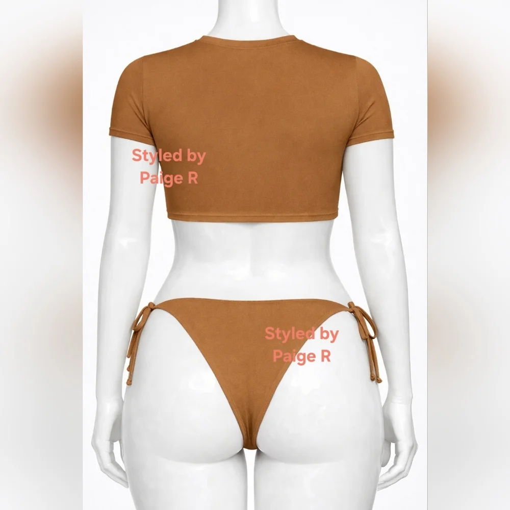 ❤️NWT SKIMS 2 Piece Swim T Shirt Top Dippy tie String Bikini Set Nude ALMOND 3X